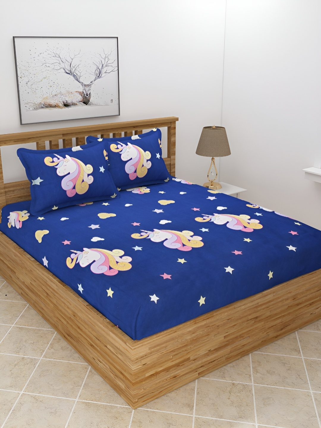 

BREVARD Blue Yellow Conversational 210 TC Queen Bedsheet With 2 Pillow Covers
