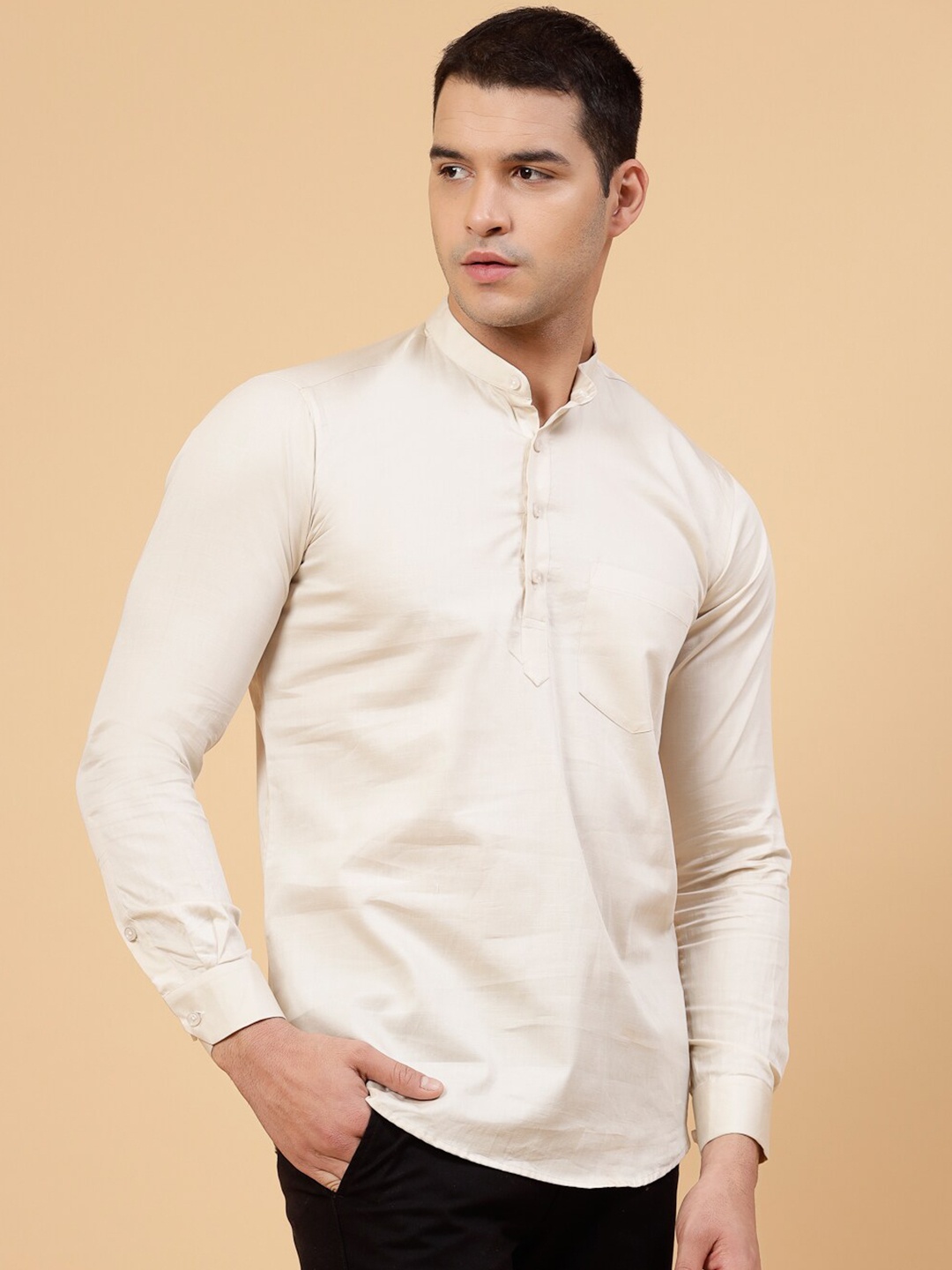

JADEBERRY Standard Mandarin Collar Long Sleeves Cotton Casual Shirt, Cream