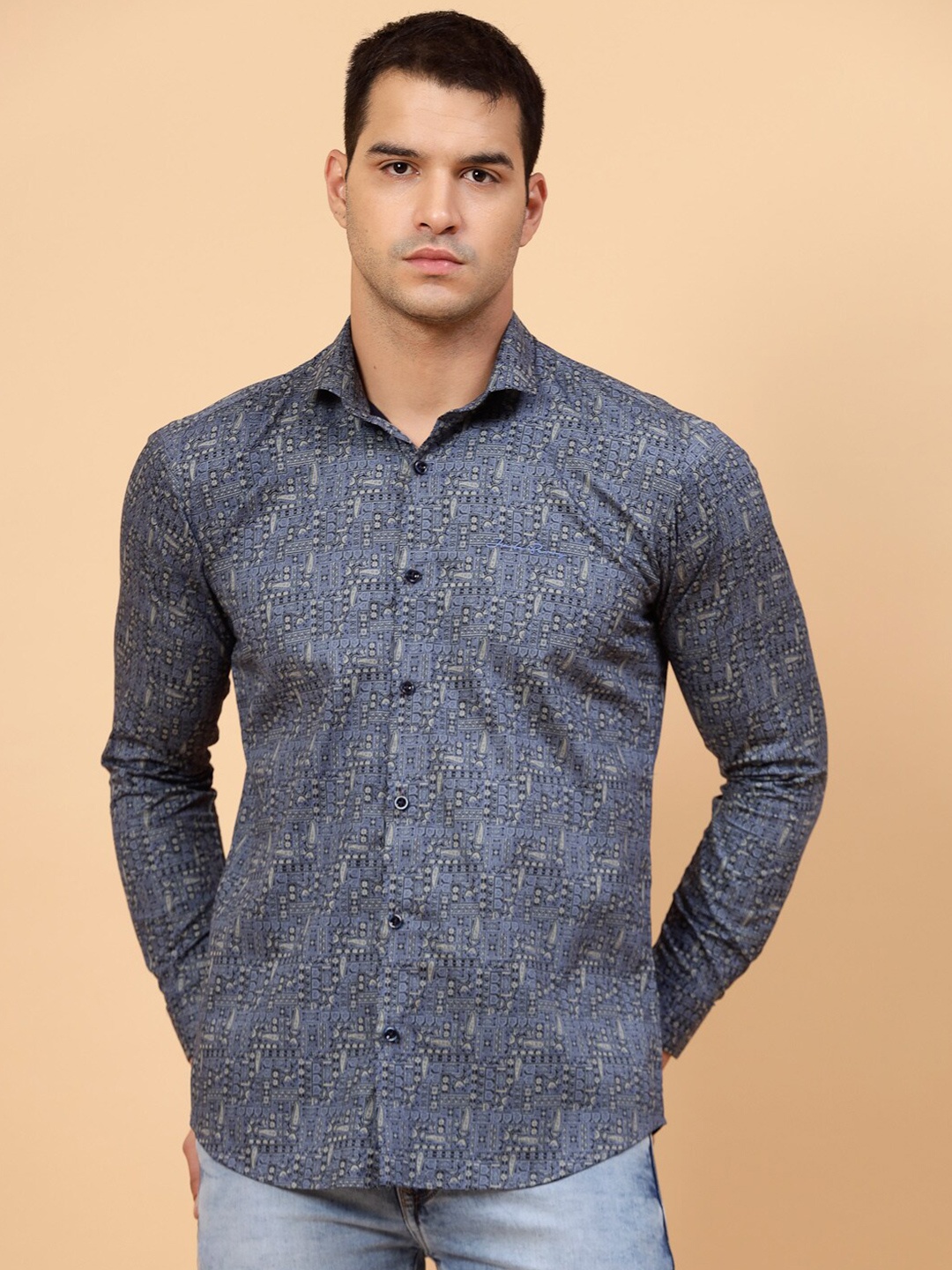 

JADEBERRY Ethnic Motifs Printed Standard Cotton Casual Shirt, Blue