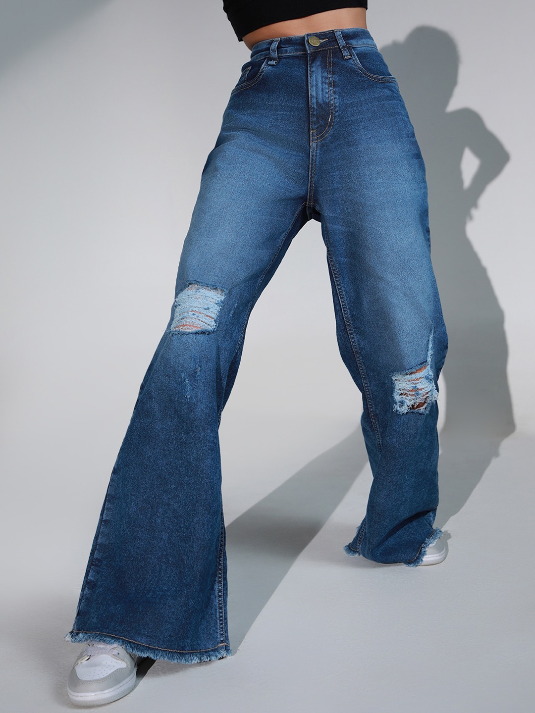 

Hubberholme Women Wide Leg Mildly Distressed High-Rise Stretchable Jeans, Blue