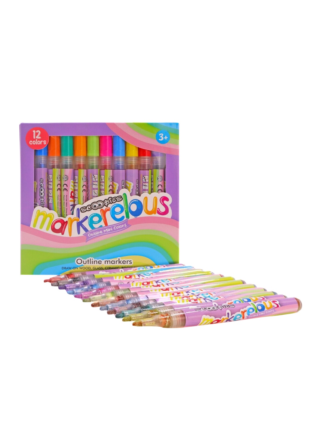 SCOOBIES Set Of 12 Printed Outline Markers, Pink