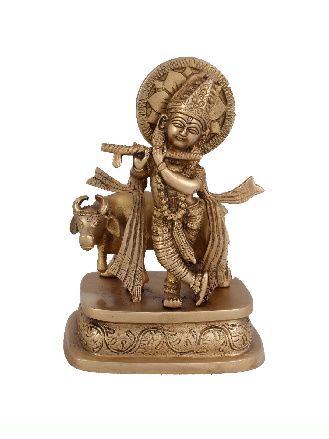 

Arihant Craft Gold-Toned Brass Lord Krishna Playing Flute With Cow Small Showpiece