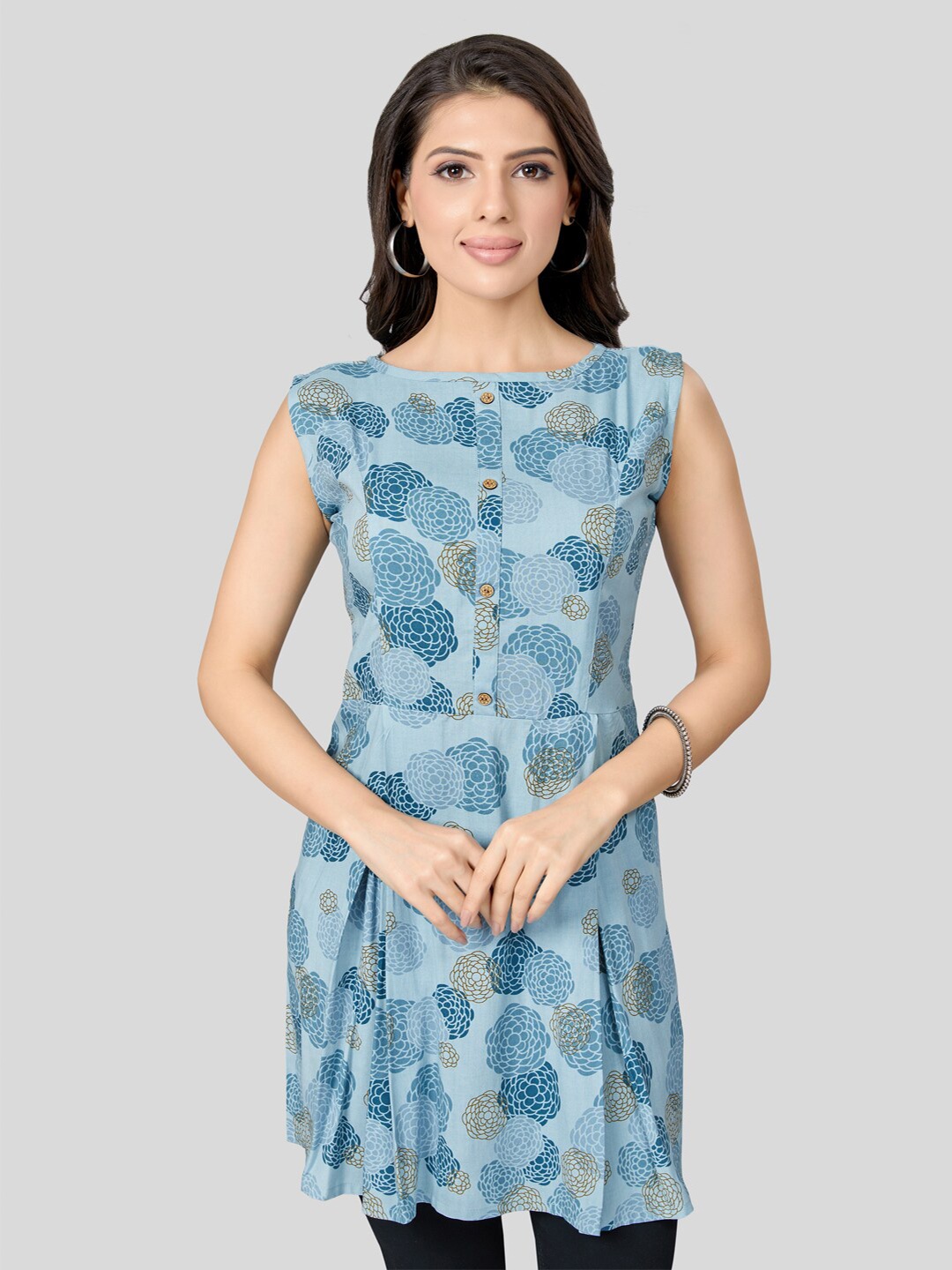 

Saree Swarg Floral Printed Boat Neck A-line Kurti, Blue