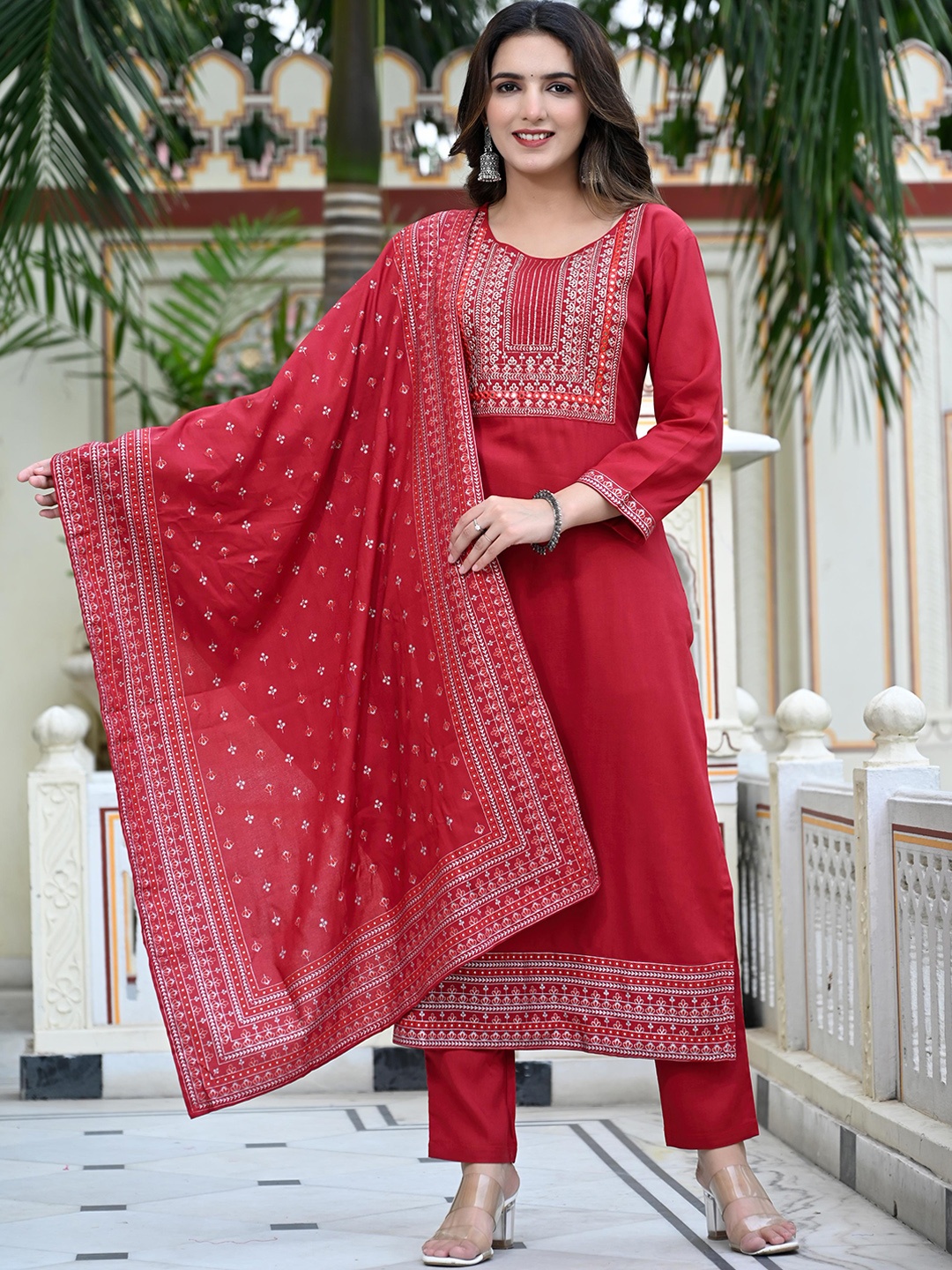 

DAEVISH Ethnic Motifs Embroidered Kurta With Trousers & Dupatta, Maroon