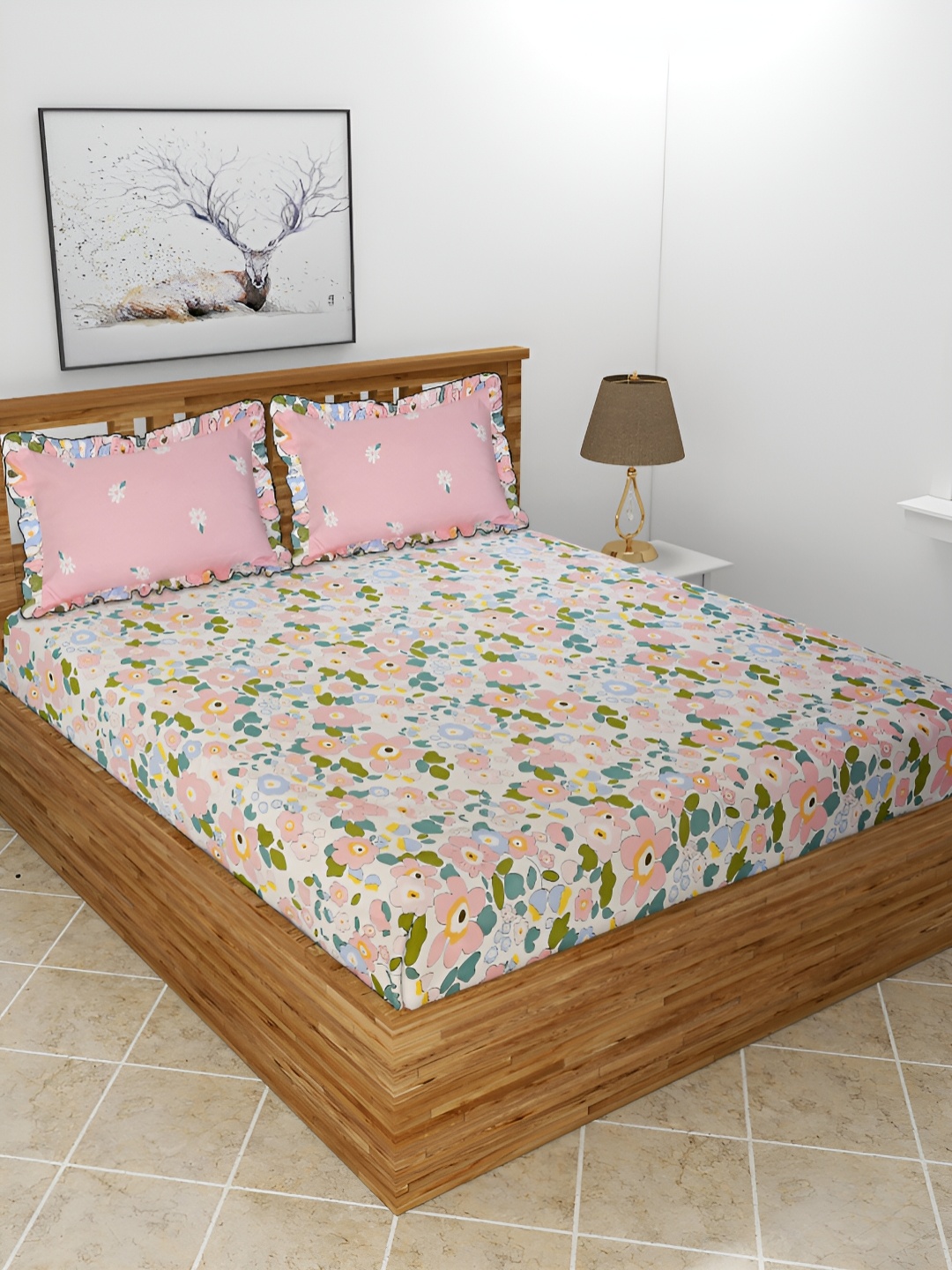 

BREVARD Pink & Blue Floral 210 TC Super King Size Bedsheet with 2 Pillow Covers