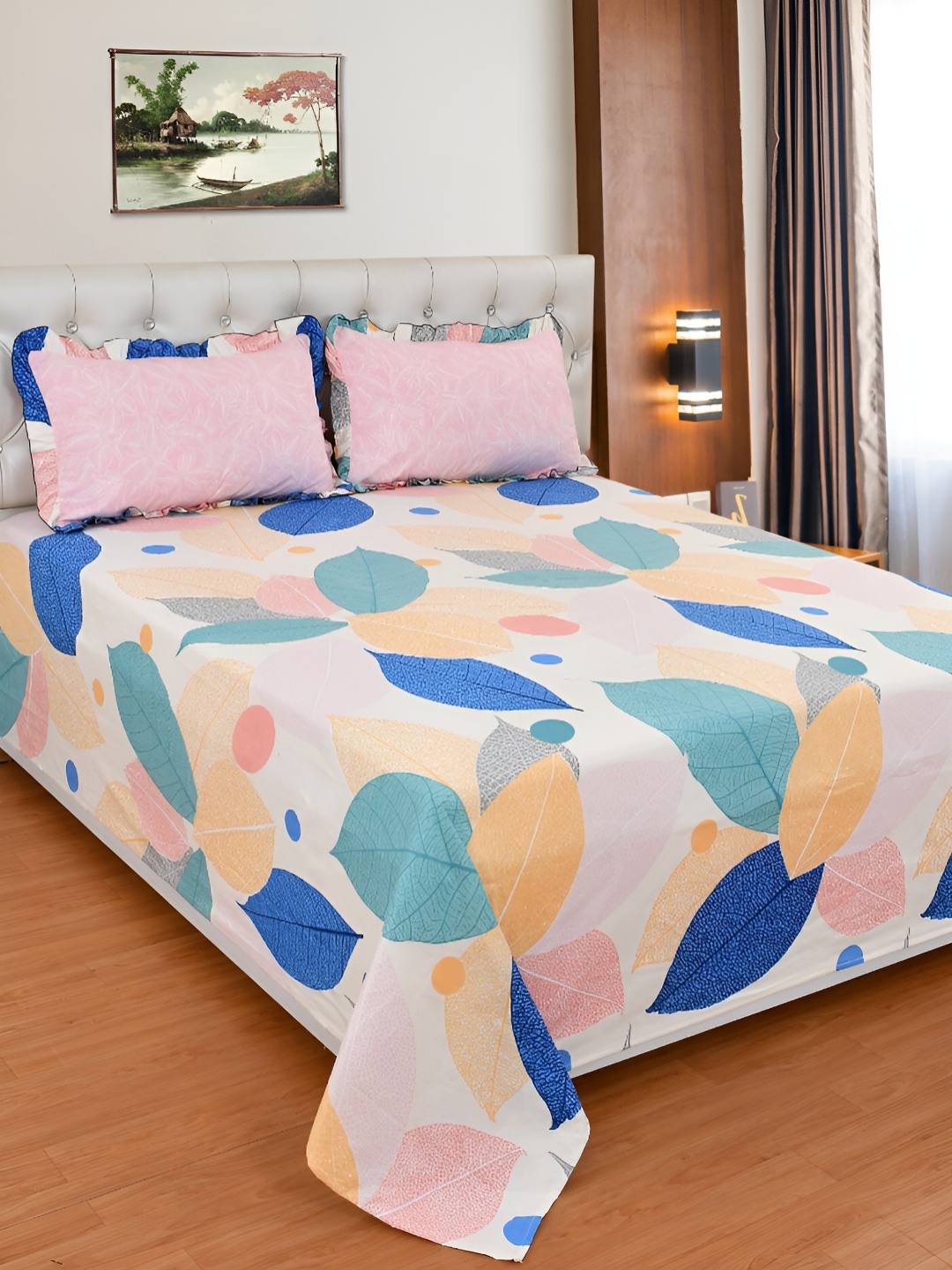 

BREVARD Pink & Blue Floral 210 TC Super King Size Bedsheet with 2 Pillow Covers