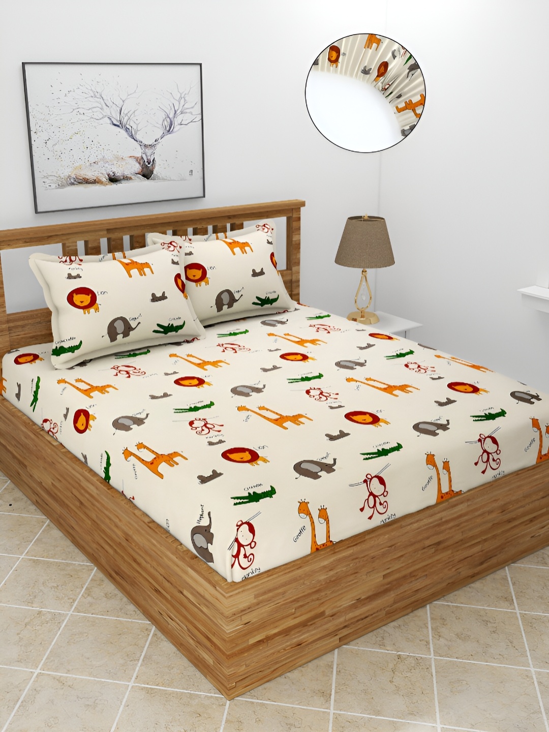 

BREVARD Off White Animals Printed 210 TC Single Fitted Bedsheet with 2 Pillow Covers