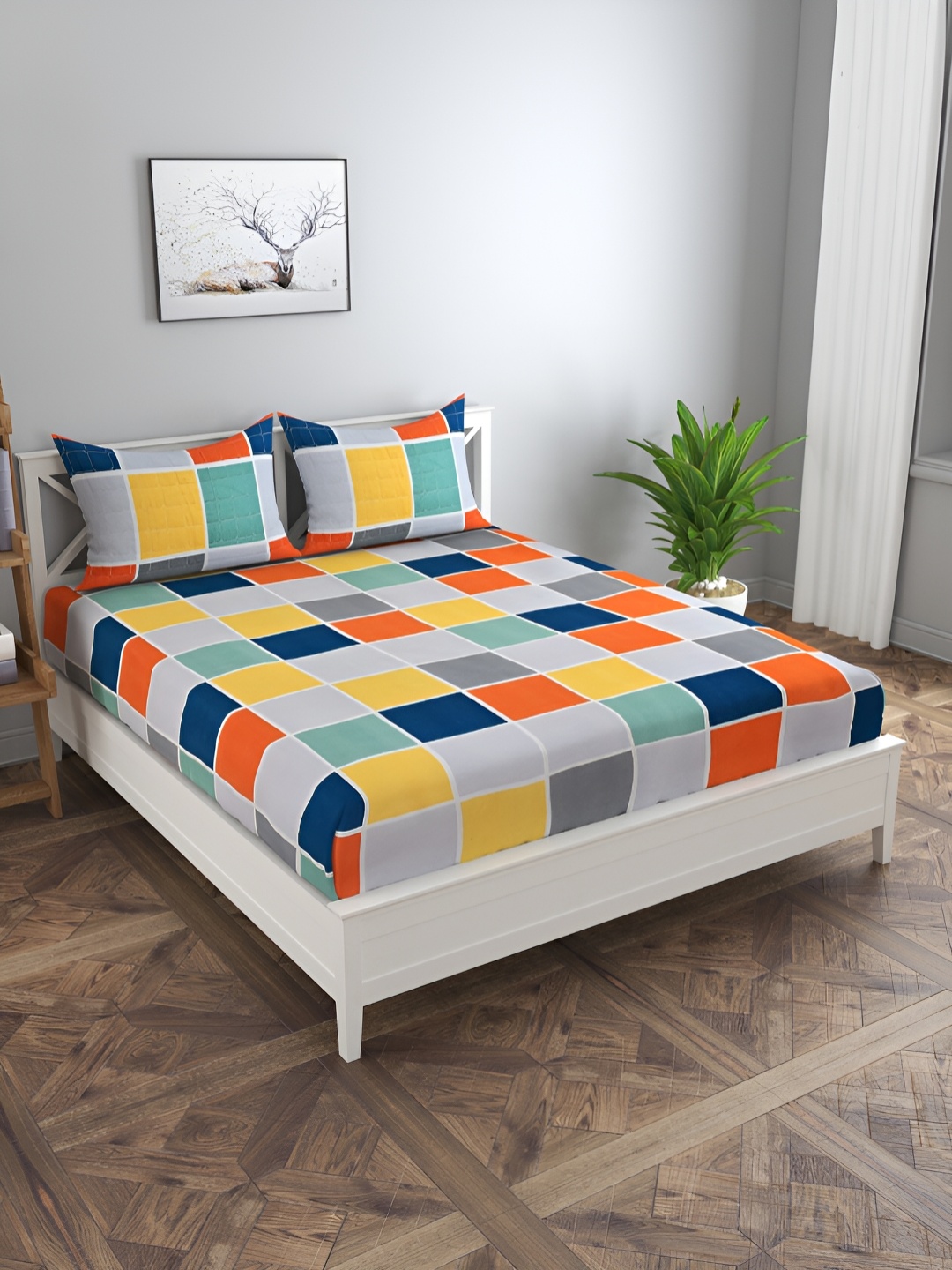 

BREVARD Orange & Yellow Geometric 210 TC Queen Size Bedsheet with 2 Pillow Covers