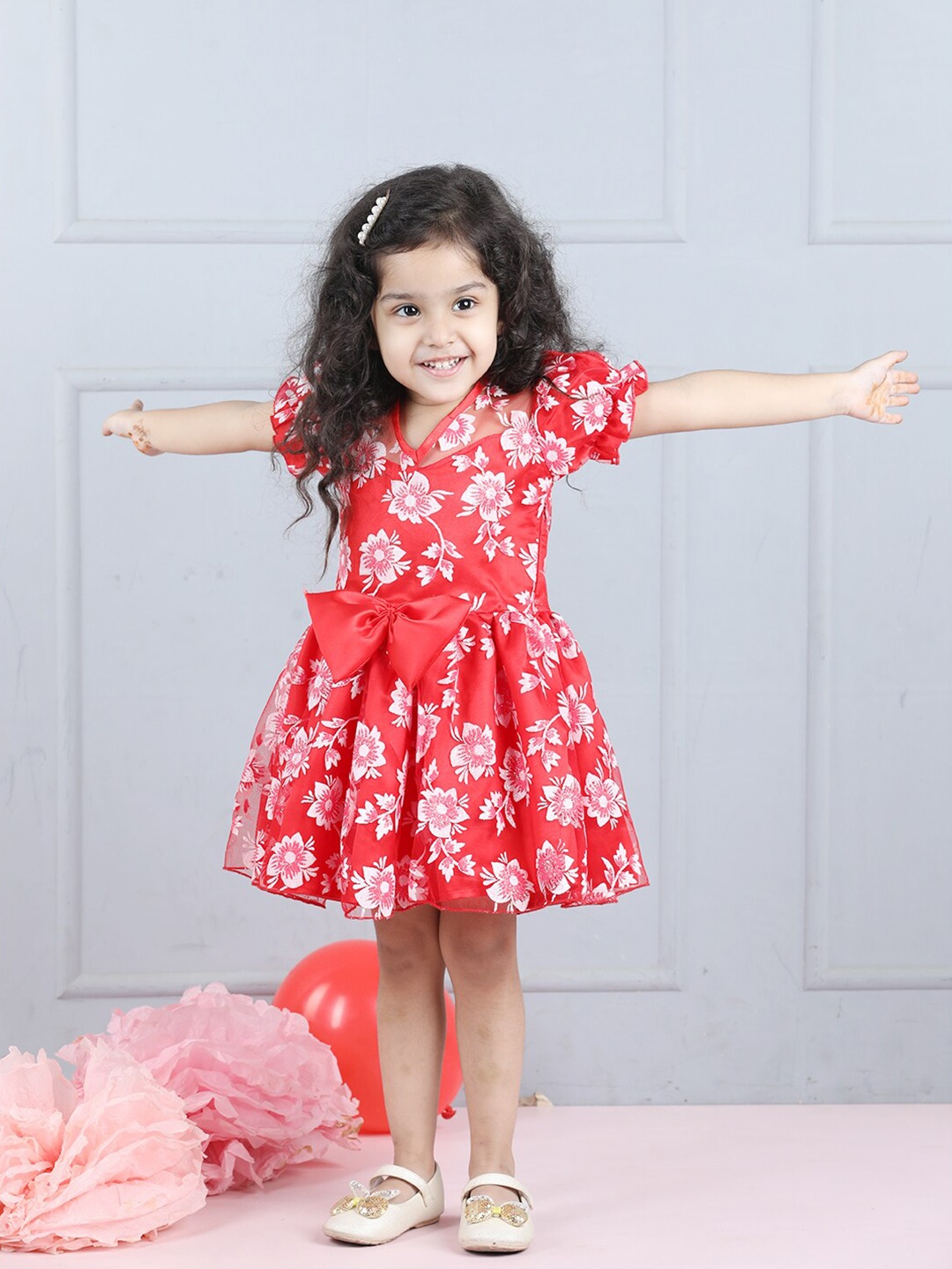 

Cutiekins Girls Floral Printed Puff Sleeves V-Neck Net Fit & Flare Dress, Red