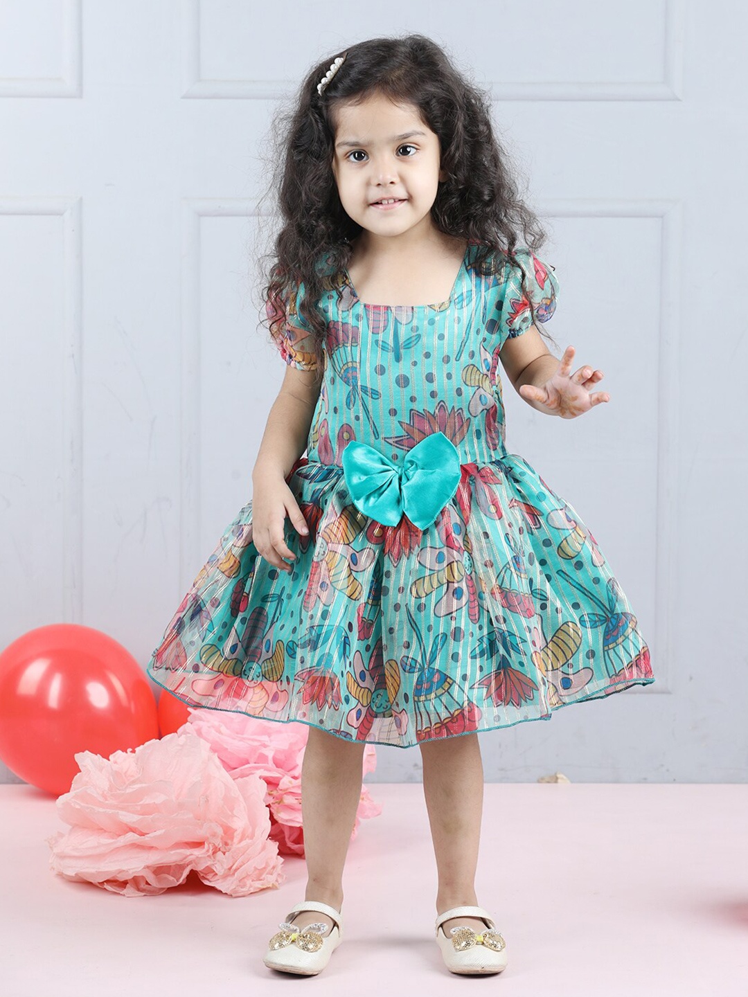 

Cutiekins Girls Floral Printed Puff Sleeves Organza Fit & Flare Dress, Blue