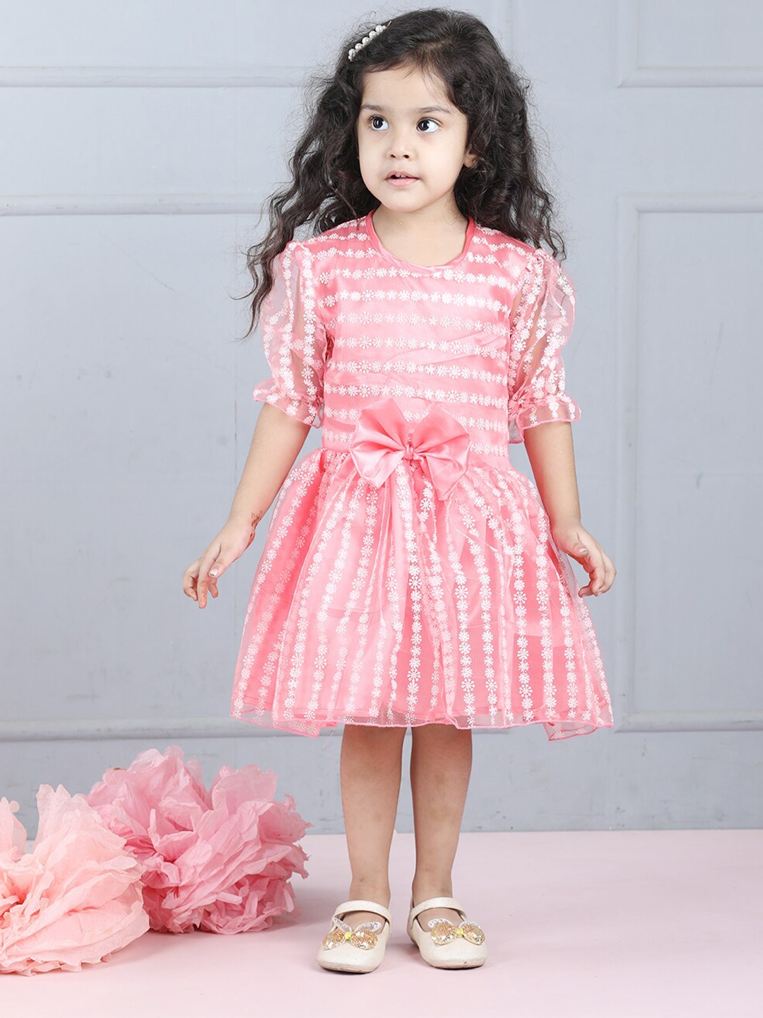 

Cutiekins Girls Floral Printed Puff Sleeve Net Bow Fit & Flare Dress, Peach