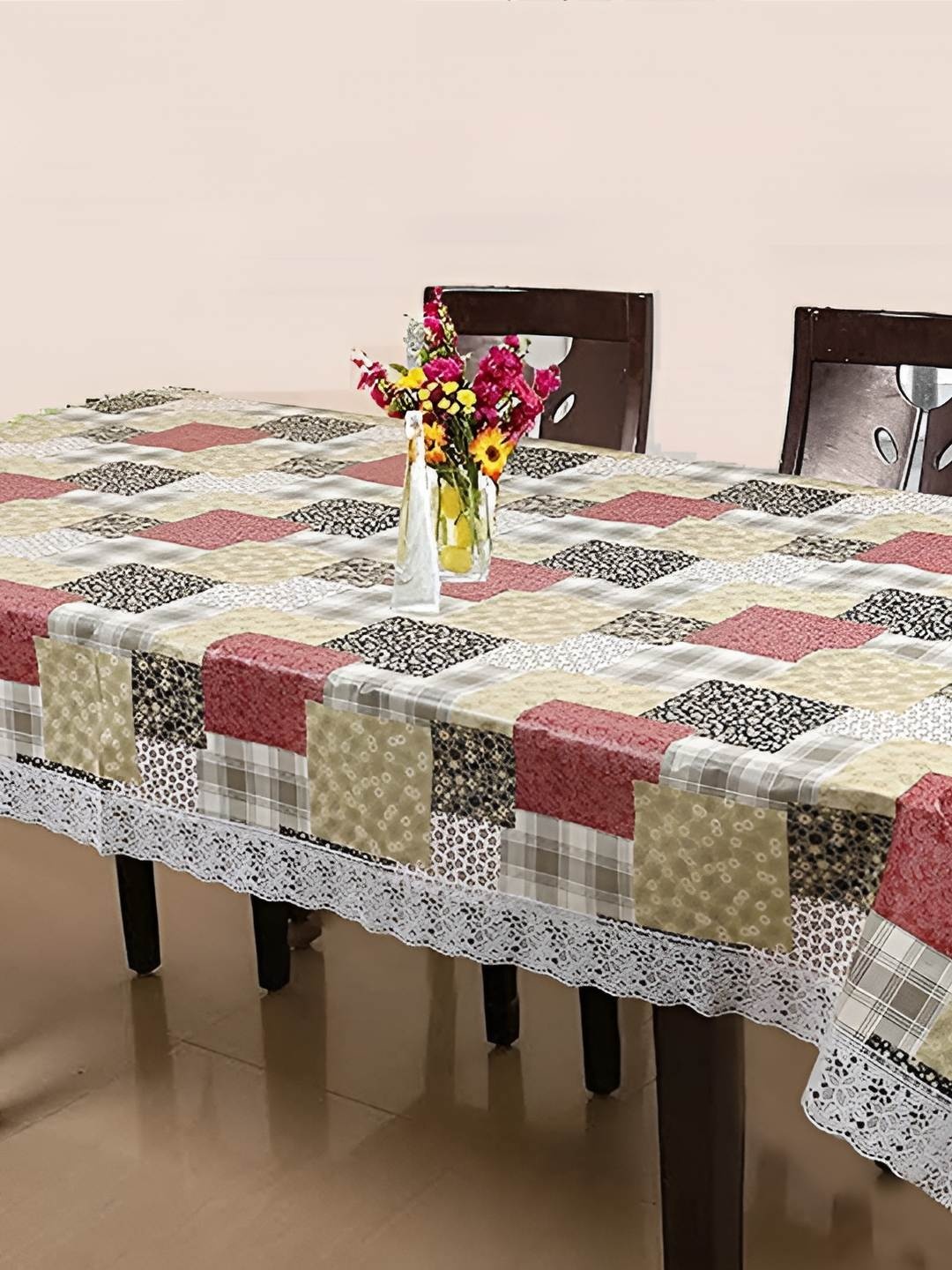 

CASA-NEST Beige & Red Ethnic Motifs PVC 6-Seater Anti Slip Table Cover