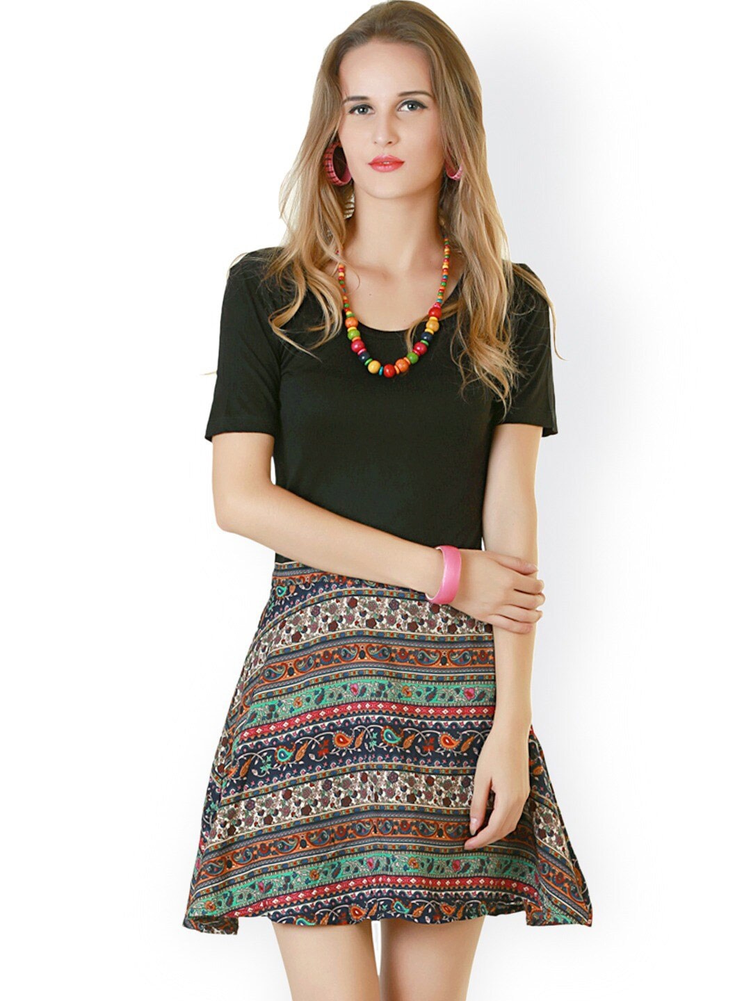 

BAESD Ethnic Motifs Printed A-Line Dress, Black