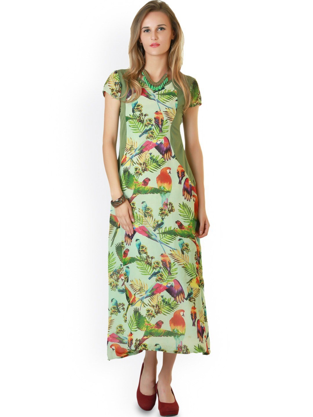 

BAESD Green Tropical Printed Crepe A-Line Midi Dress