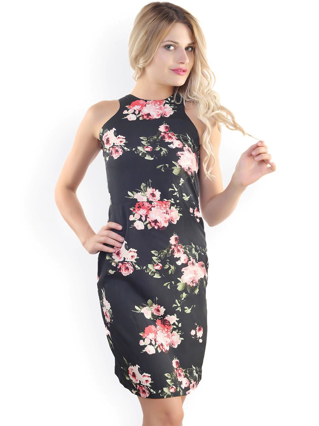 

BAESD Floral Printed Halter Neck Sheath Dress, Black