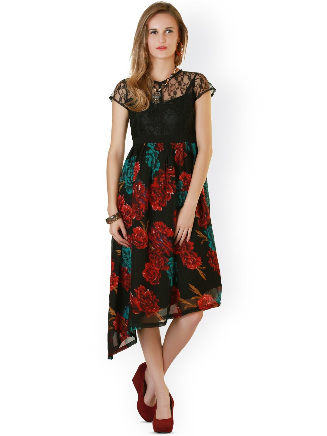 

BAESD Black Floral Printed Georgette A-Line Dress