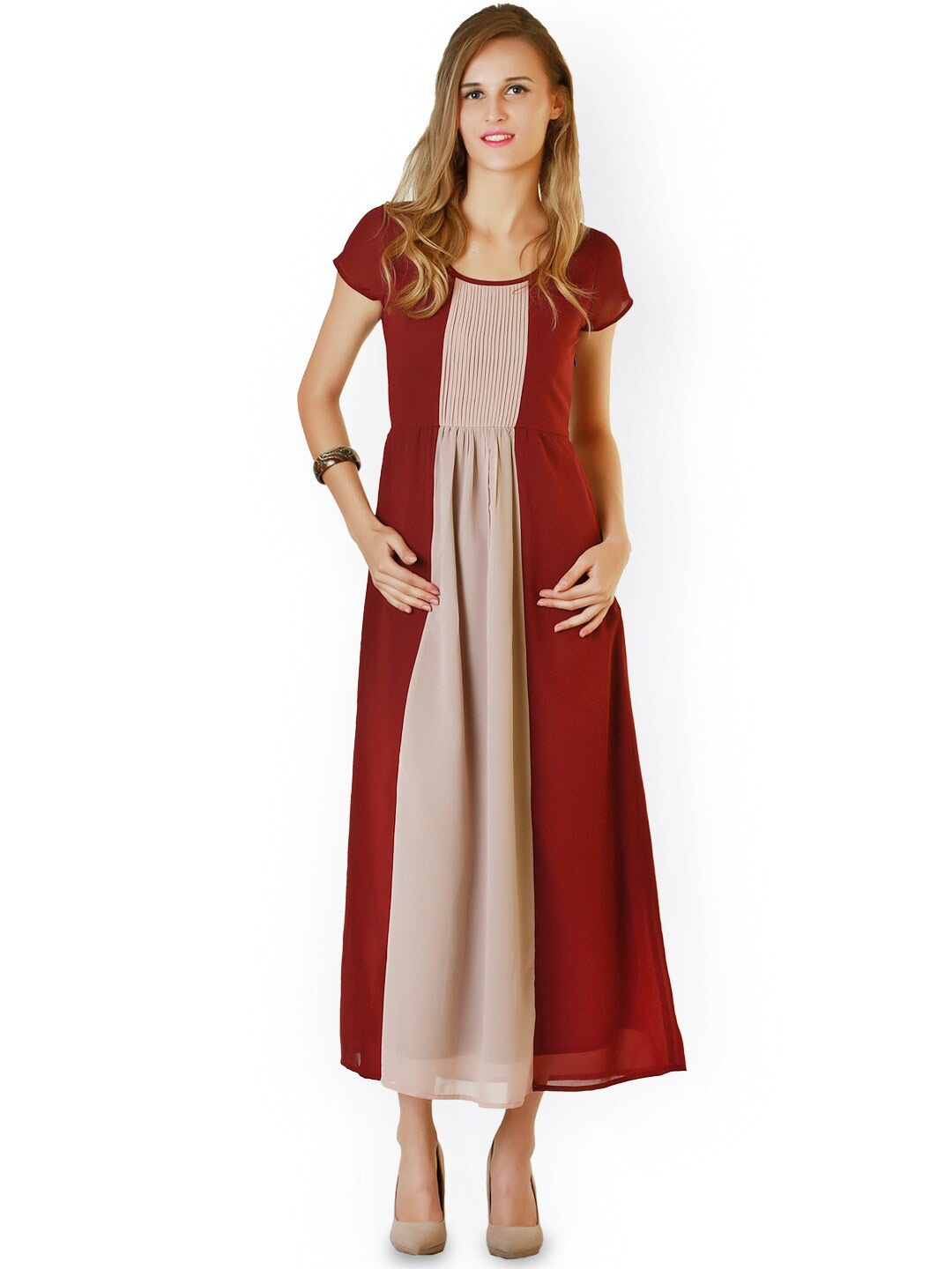 

BAESD Colourblocked Georgette Fit & Flare Maxi Dress, Maroon