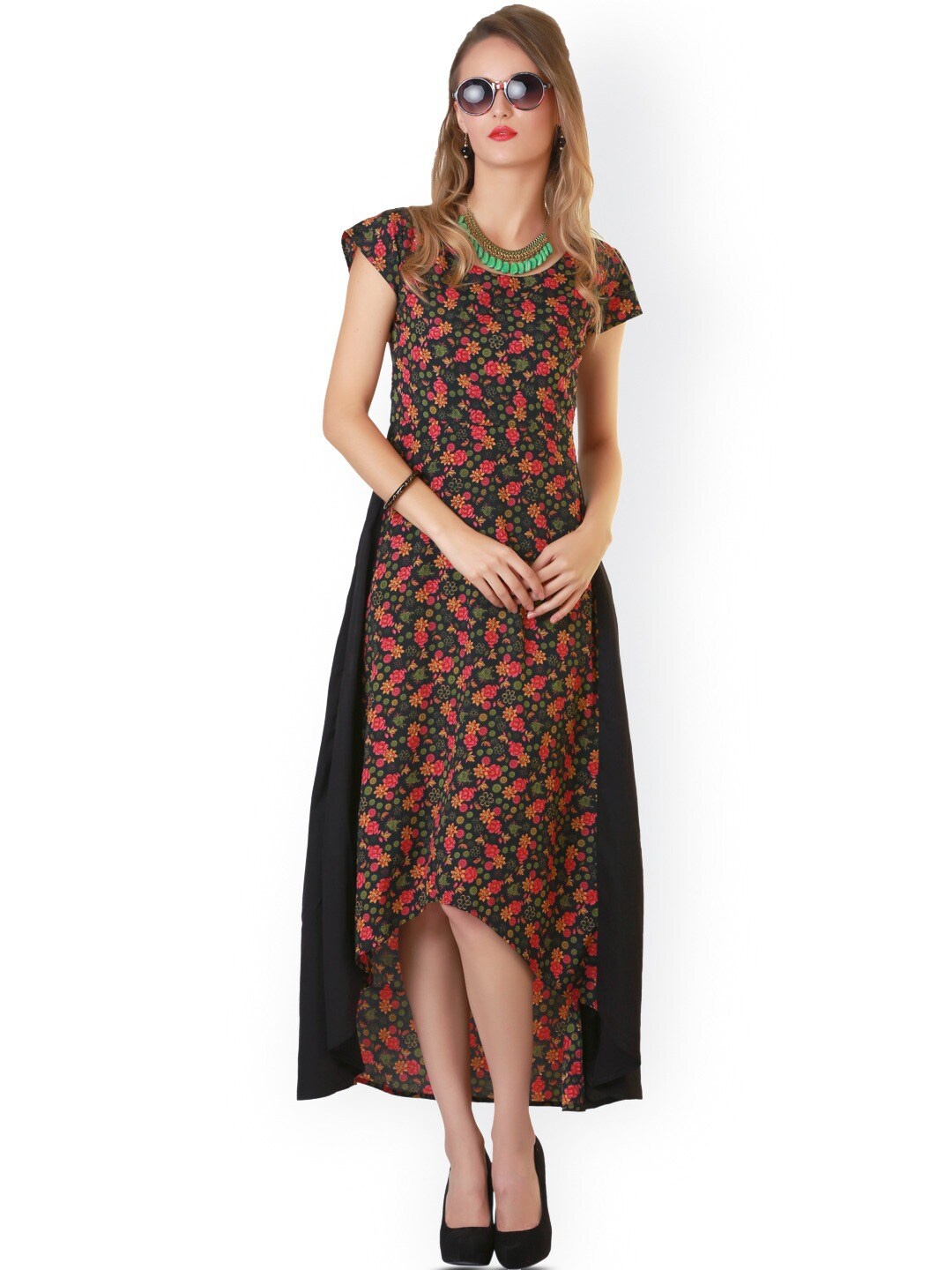 

BAESD Floral Printed Cut-Out Detailed A-Line Midi Dress, Black