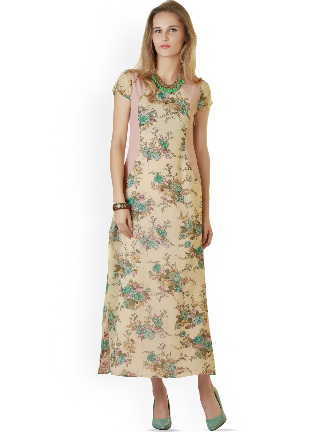 

BAESD Floral Printed Round Neck Lace Inserts Georgette A-Line Maxi Dress, Peach