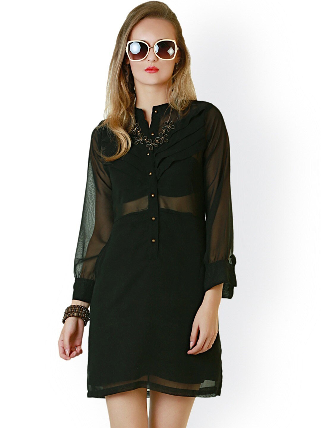 

BAESD Mandarin Collar Long Sleeves Georgette A-Line Dress, Black
