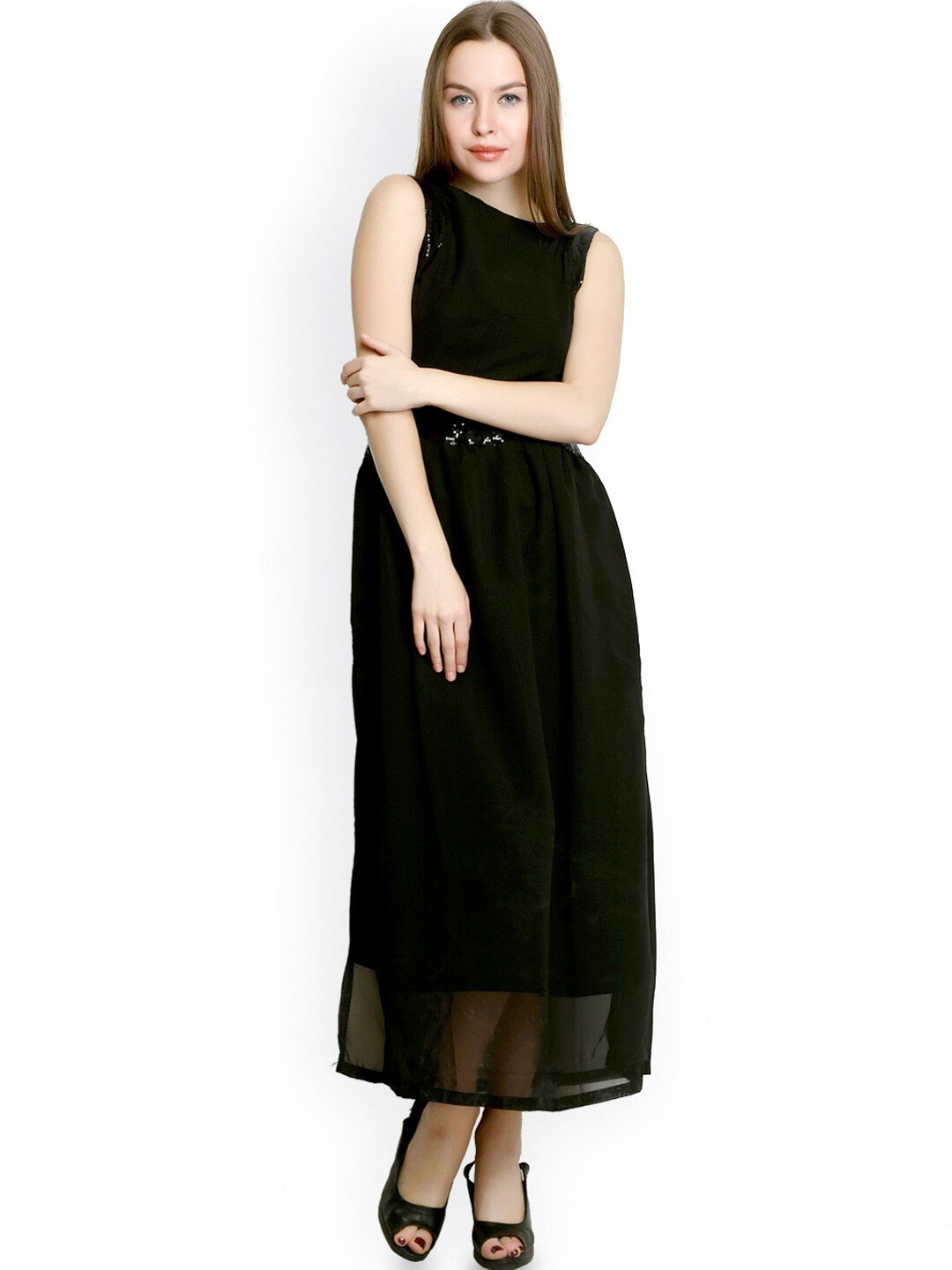 

BAESD Round Neck Sleeveless Sequinned Georgette Maxi Dress, Black