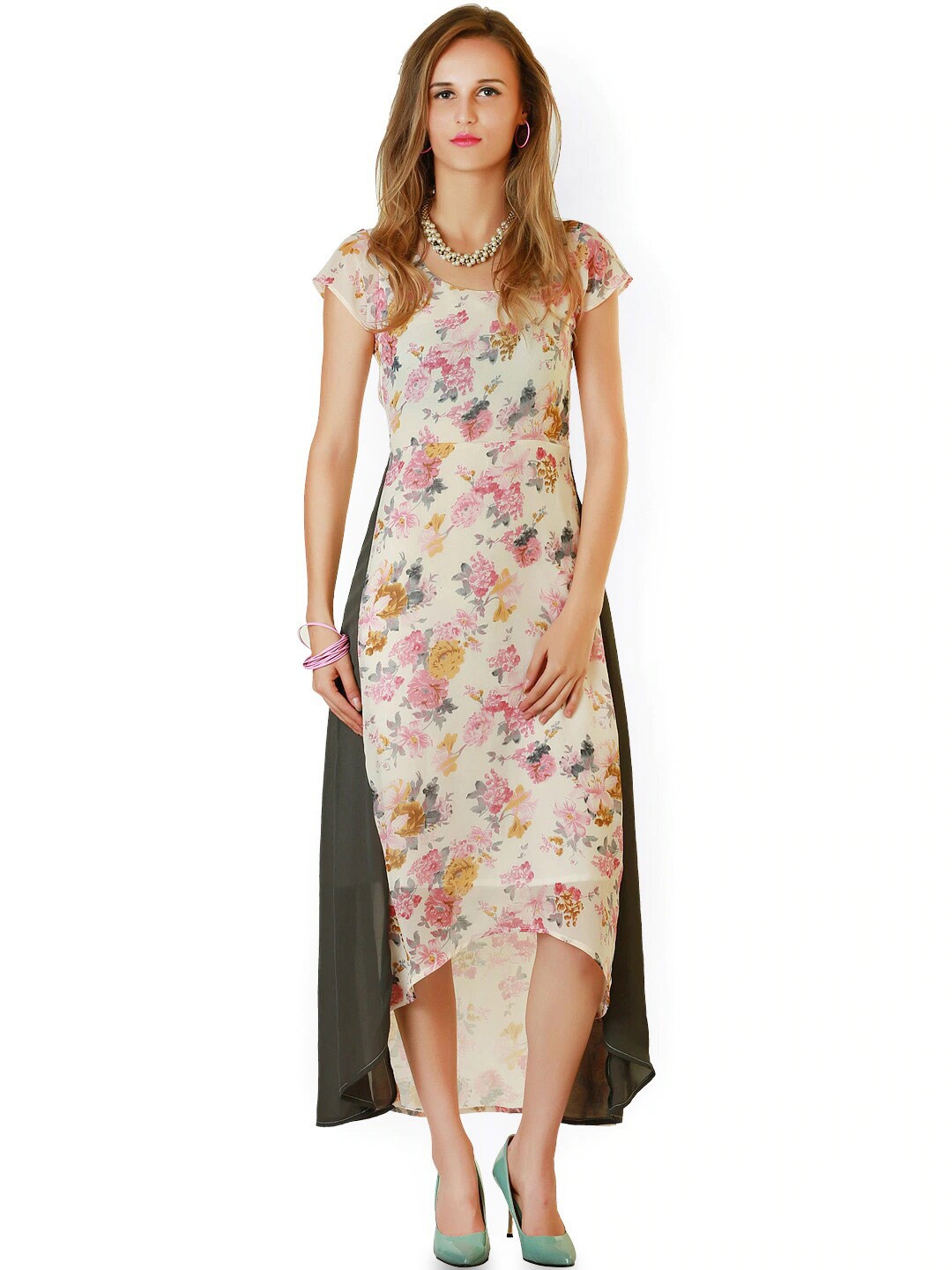 

BAESD Floral Printed Georgette A-Line Midi Dress, Cream