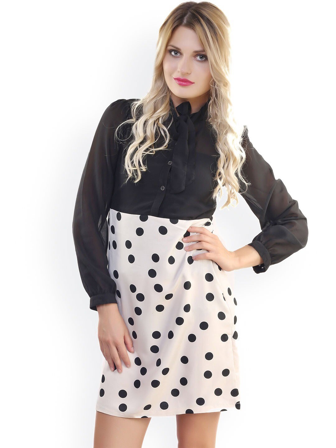 

BAESD Polka Dots Printed Georgette A Line Mini Dress, Black