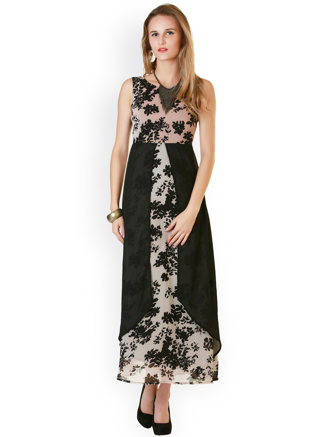 

BAESD Floral Printed Layered A Line Maxi Dress, Peach