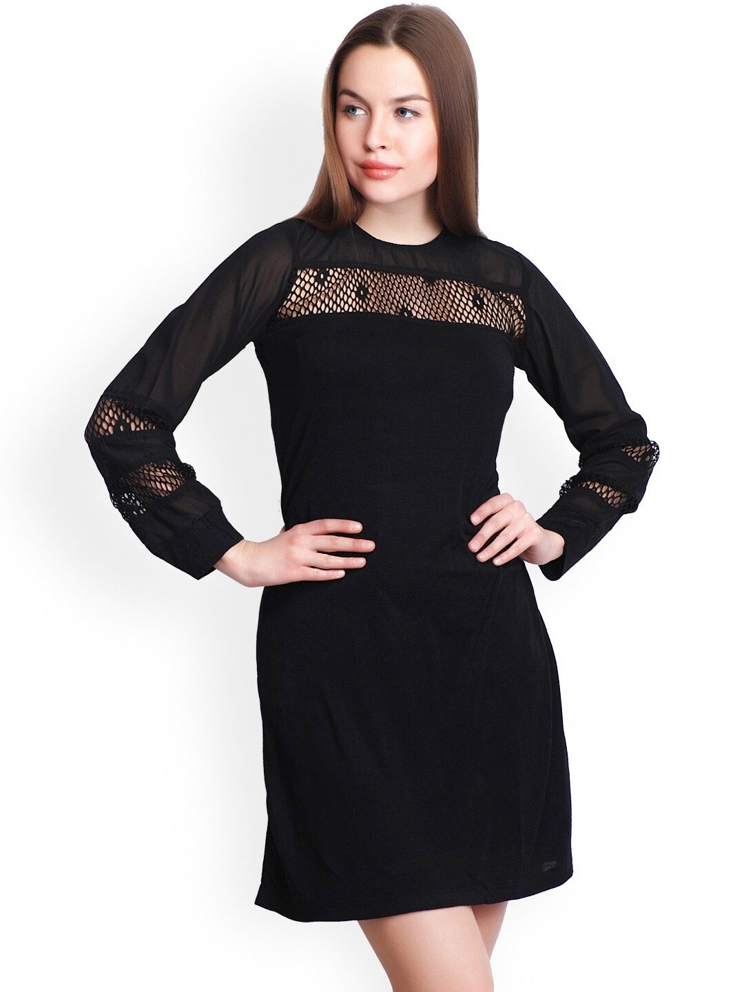 

BAESD Cuffed Sleeves Lace Inserts Cotton Sheath Dress, Black