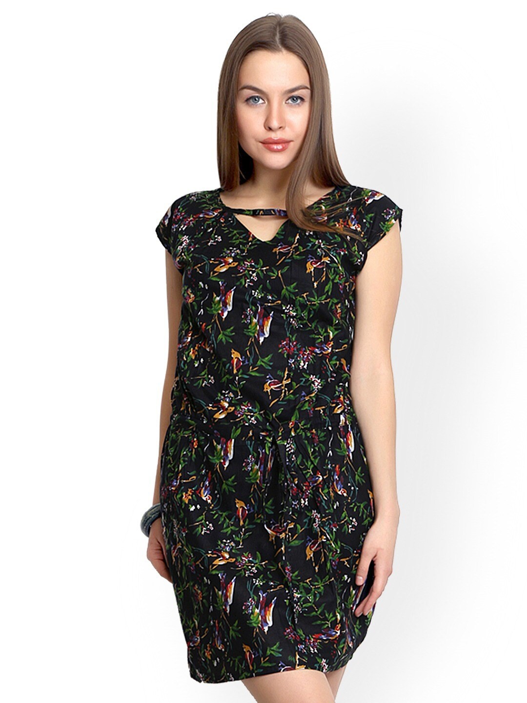 

BAESD Floral Printed Extended Sleeves Cotton Sheath Dress, Black