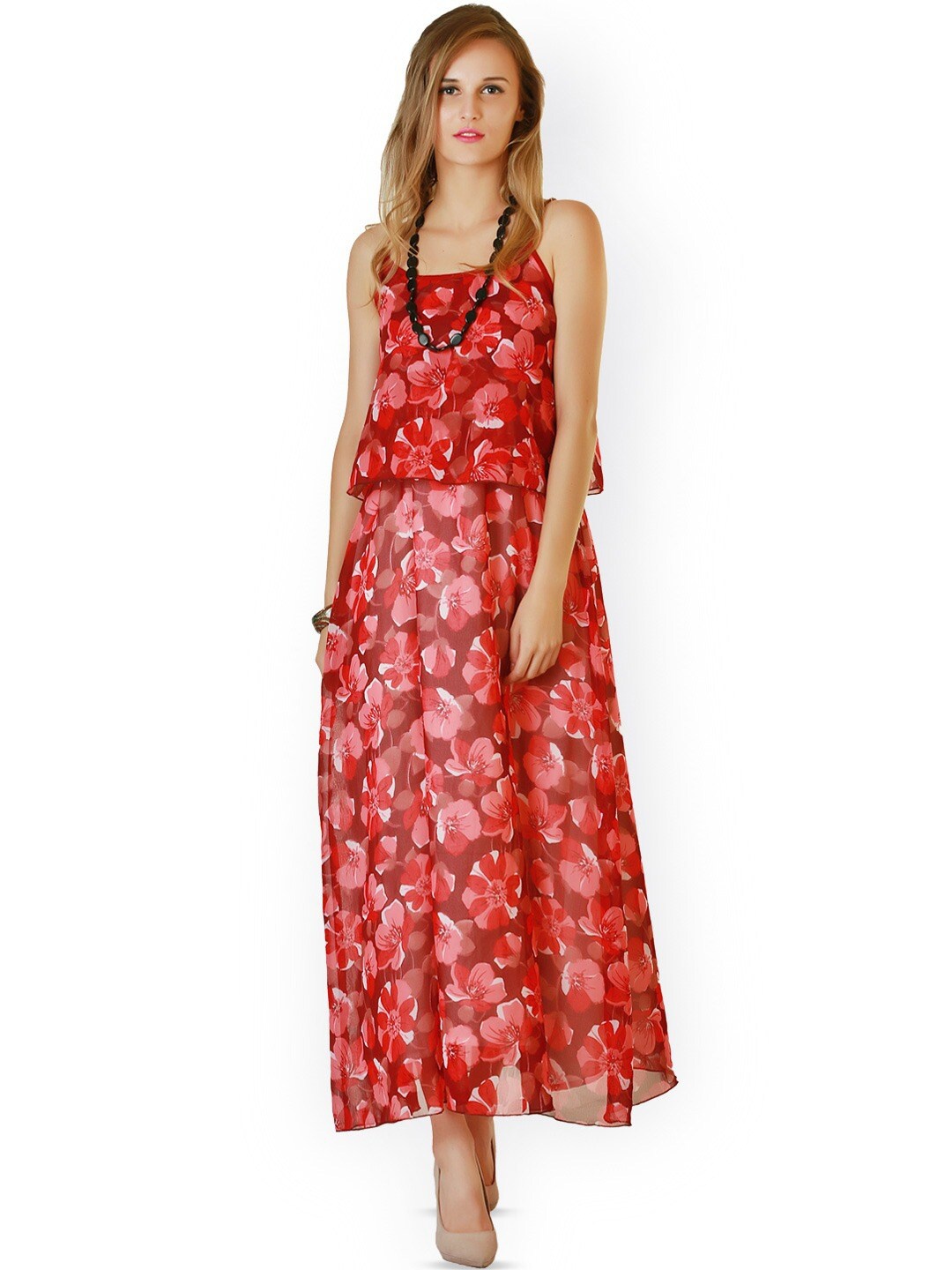 

BAESD Floral Printed Shoulder Straps Layered A-Line Maxi Dress, Red