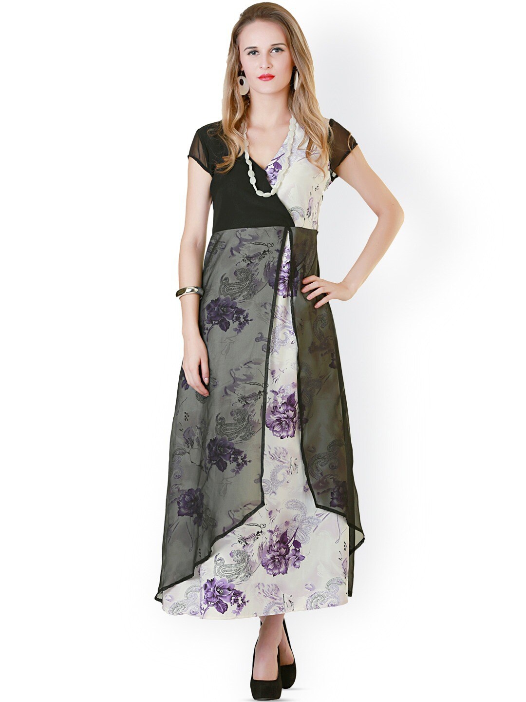 

BAESD Floral Printed V-Neck A-Line Maxi Dress, Black