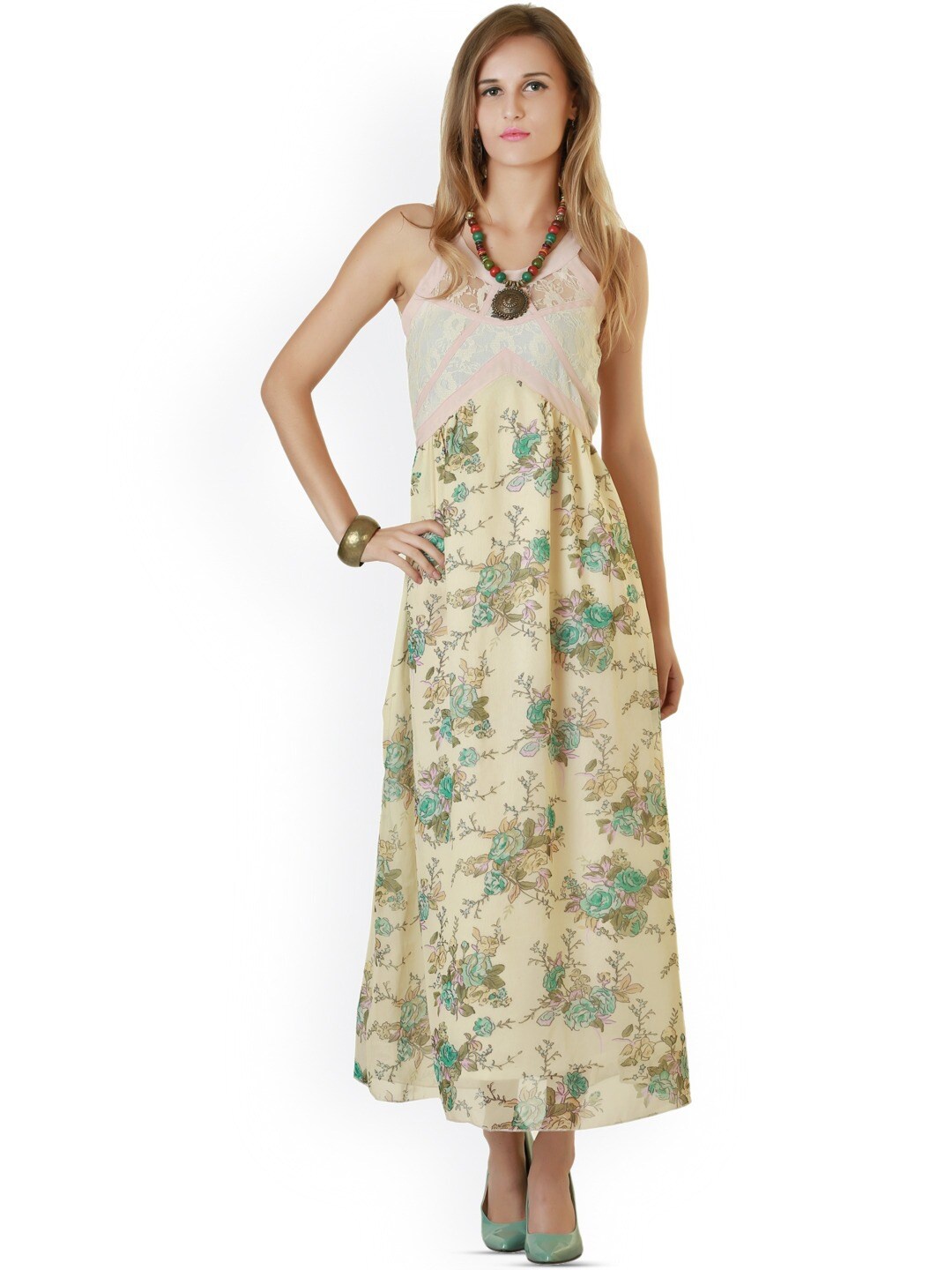 

BAESD Floral Printed Halter Neck A-Line Midi Dress, Cream