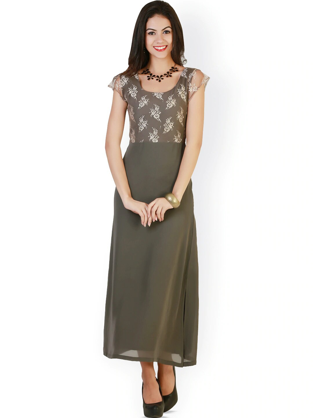 

BAESD Ethnic Motifs Printed Georgette Maxi Dress, Grey