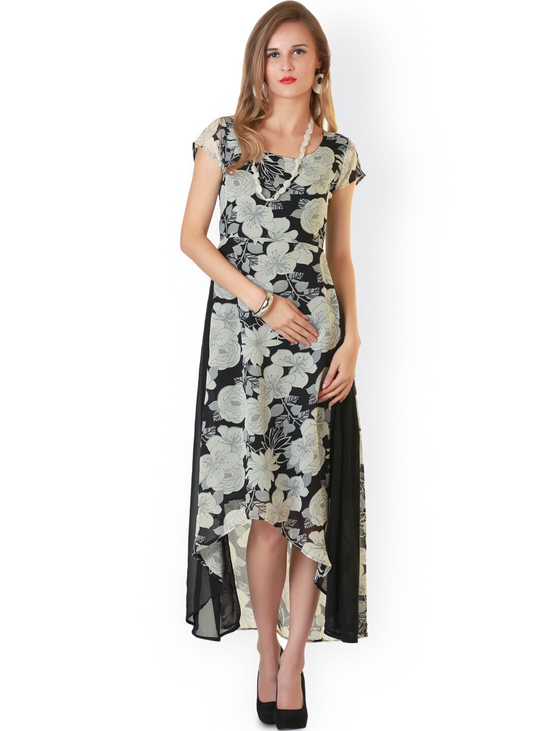 

BAESD Floral Printed Gathered Detail High-Low A-Line Dress, Black