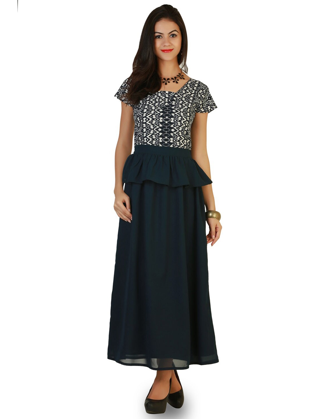 

BAESD Geometric Printed Square Neck Layered Detail Georgette A-Line Maxi Dress, Navy blue