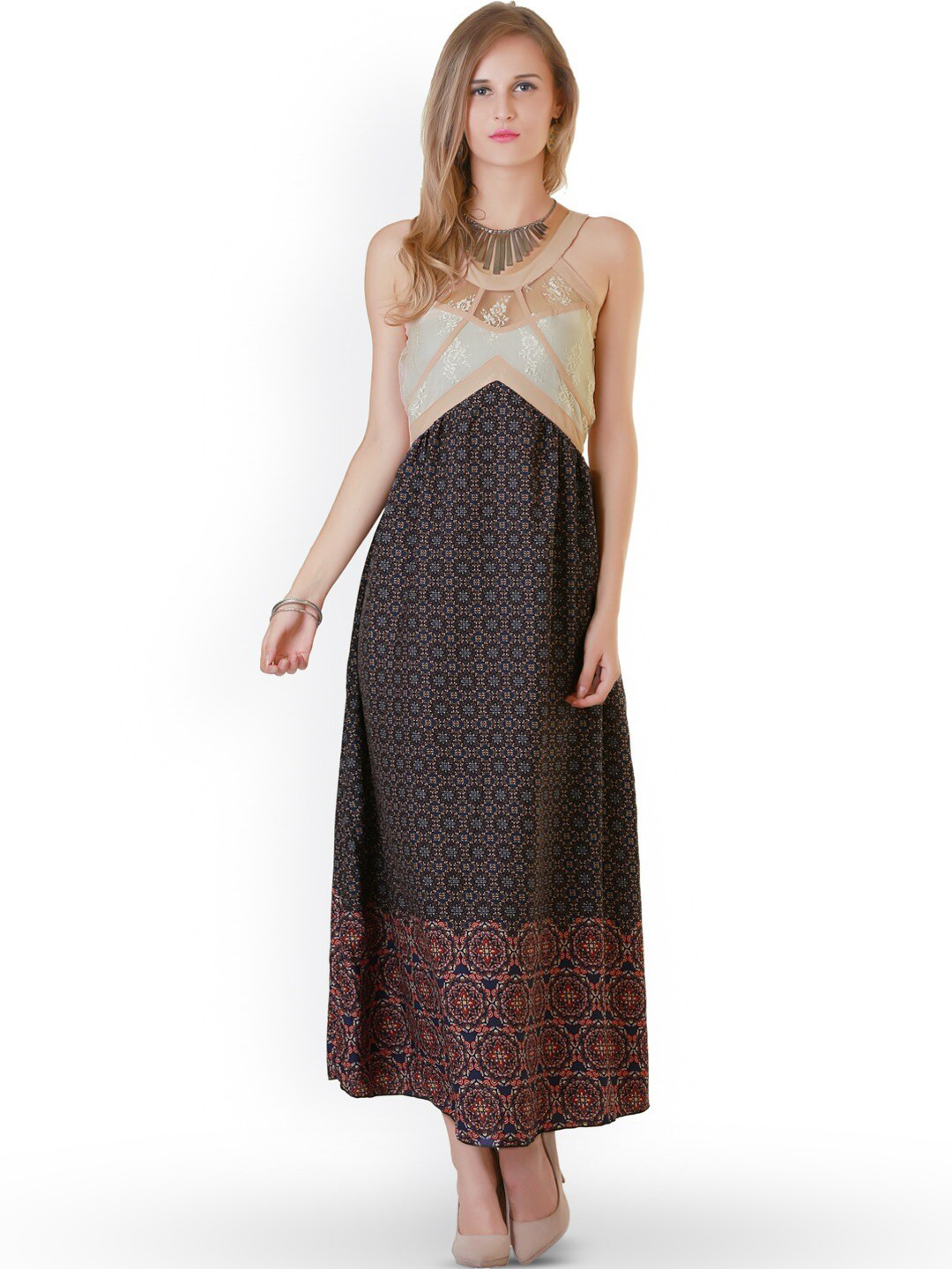 

BAESD Ethnic Motifs Printed Sleeveless Georgette A-Line Maxi Dress, Black