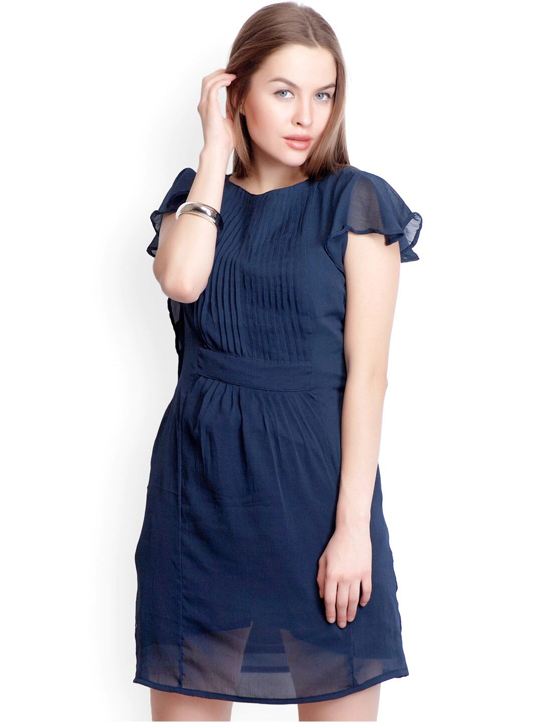 

BAESD Flutter Sleeves Pleated Detail Chiffon A-Line Mini Dress, Navy blue