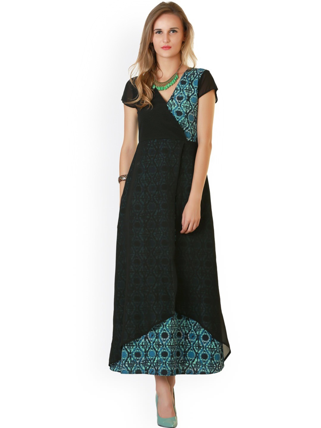 

BAESD Ethnic Motifs Printed V-Neck Wrap Style Maxi Dress, Black