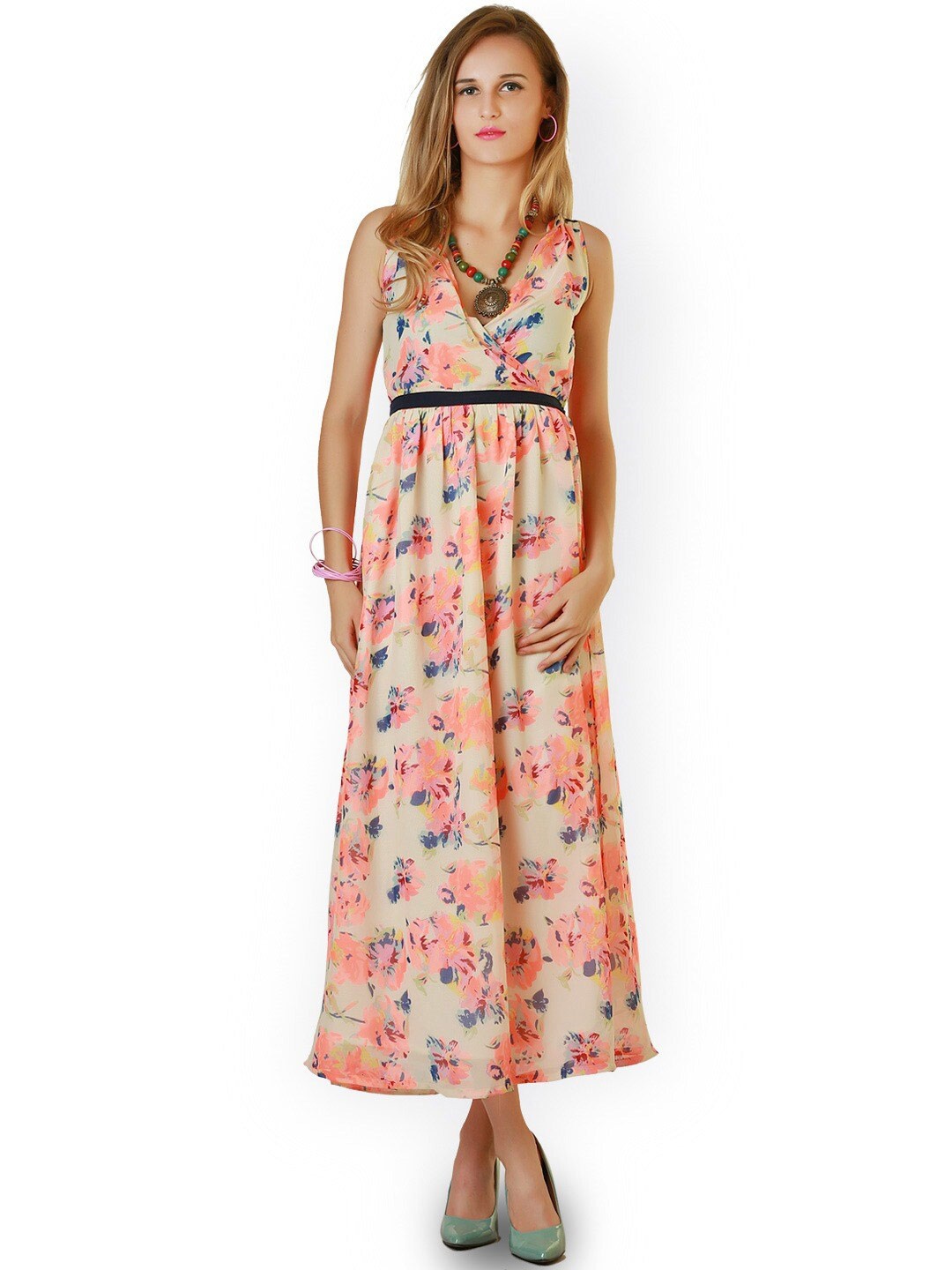 

BAESD Floral Printed Georgette A-line Maxi Dress, Peach
