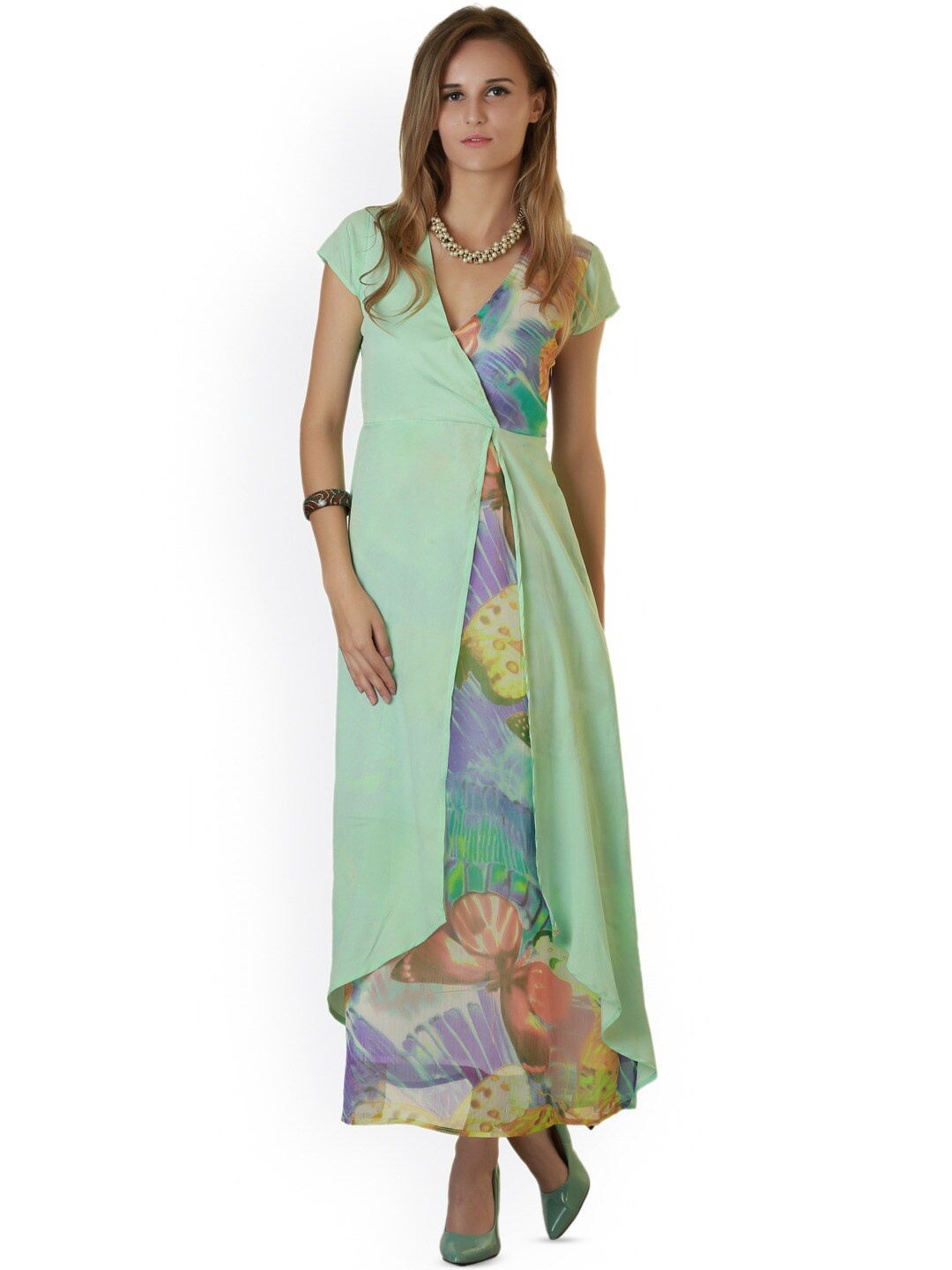 

BAESD Tropical Print V-Neck Georgette A-Line Maxi Dress, Green