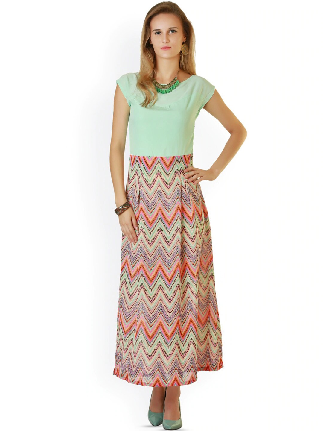 

BAESD Geometric Printed Cap Sleeves Georgette A-Line Midi Dress, Green