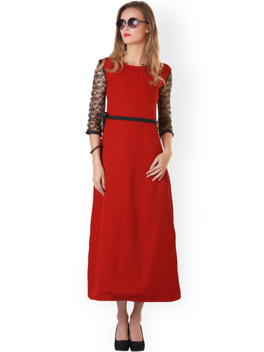 

BAESD Georgette Self Design Round Neck A-Line Midi Dress, Red