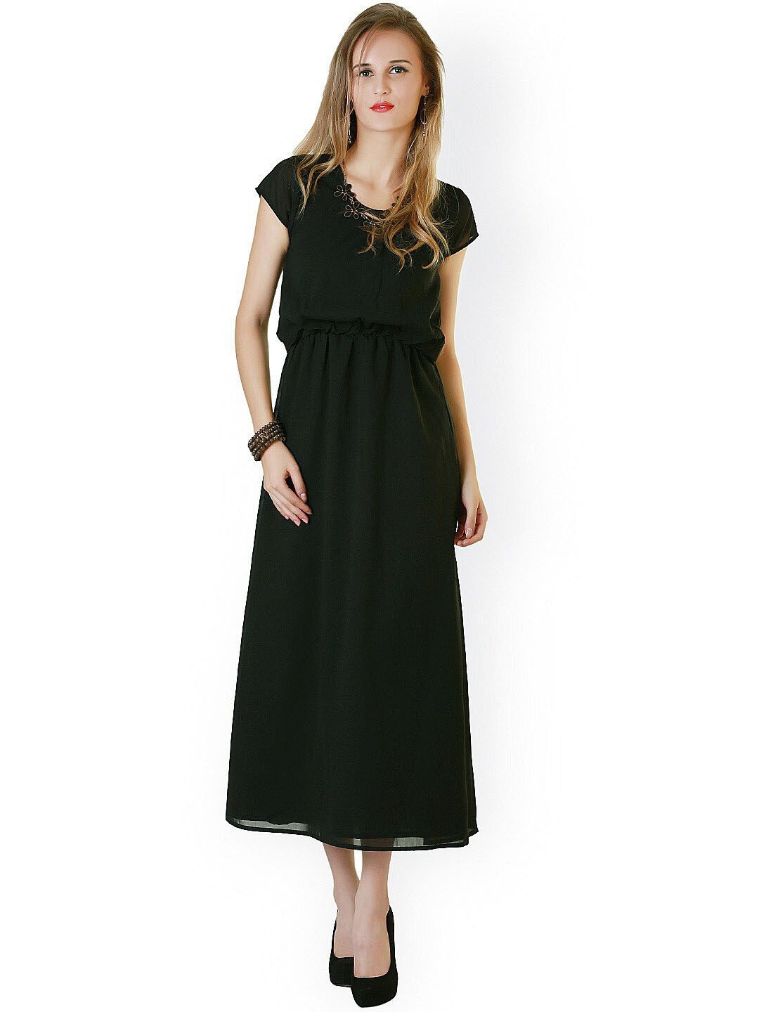 

BAESD Round Neck Georgette A-Line Maxi Dress, Black