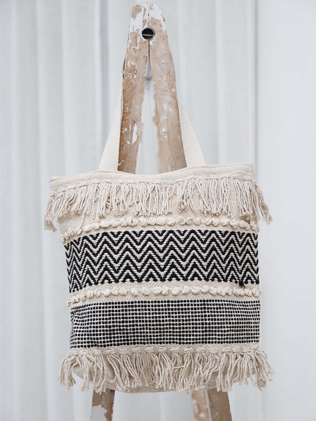 

Ariana Geometric Textured Structured Cotton Crochet Tote Bag, Black