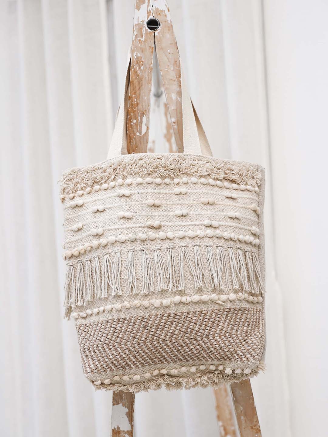 

Ariana Geometric Textured Structured Cotton Crochet Tote Bag, Beige