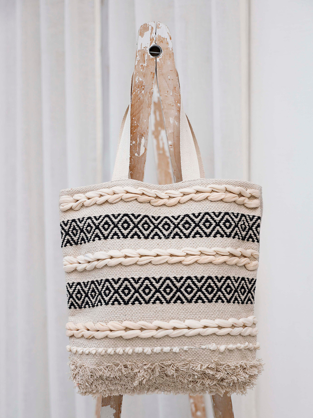 

Ariana Geometric Printed Crochet Embellished Oversized Cotton Structured Tote Bag, Beige