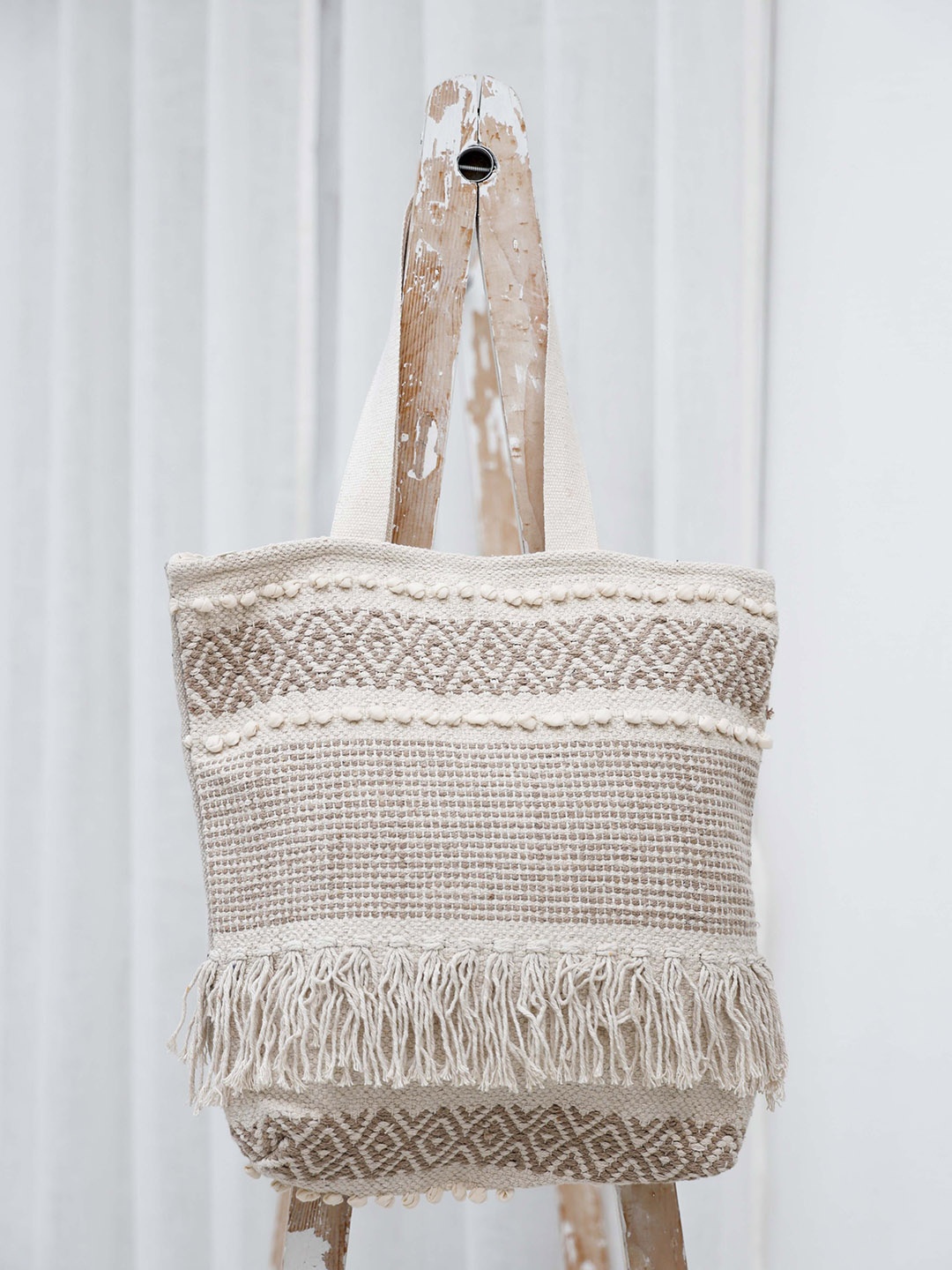 

Ariana Geometric Textured Structured Cotton Crochet Tote Bag, Beige