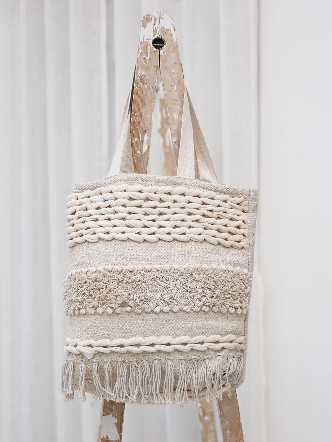 

Ariana Crochet Embellished Cotton Structured Tote Bag, Beige