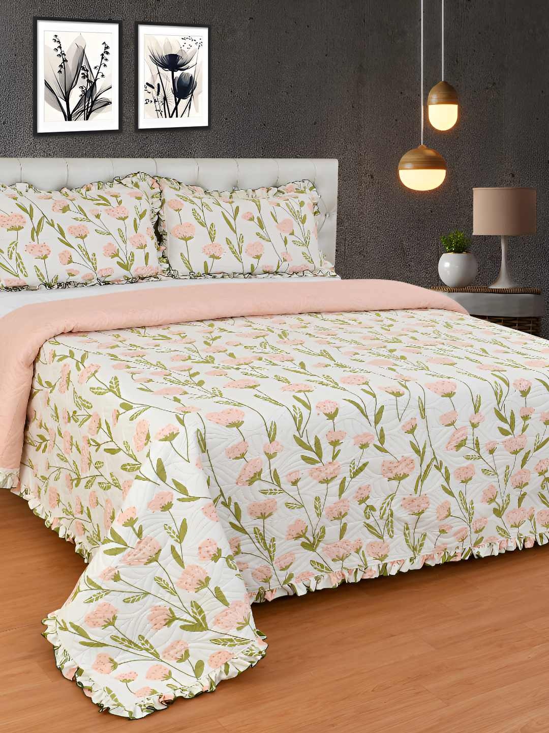 

BREVARD White & Peach Floral Printed Queen Size Bed Cover with 2 Pillow Covers